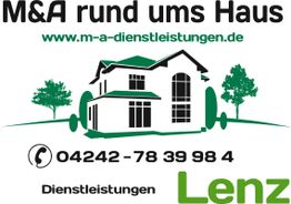 Logo von M&A Dienstleistungen mit Haus, Bäumen und Telefonnummer. Website: m-a-dienstleistungen.de.