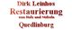Textbild mit roter Schrift: "Dirk Leinhos Restaurierung von Holz und Möbeln Quedlinburg".