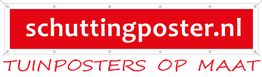 Rood-wit logo van schuttingposter.nl met de tekst "Tuinposters op maat".