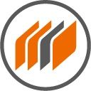 Ein rundes Logo mit drei orangefarbenen und einem grauen Streifen auf weißem Hintergrund.
