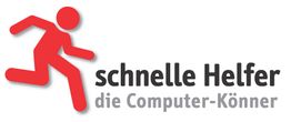 Rotes Männchen läuft, daneben Text: „schnelle Helfer die Computer-Könner“.