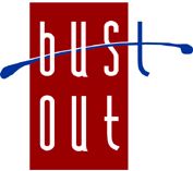 Logo mit rotem Hintergrund und weißem Text "bust out". Ein blauer Bogen verläuft diagonal.