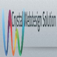 Logo with text "Crystal Webdesign Solution" and a colorful wave design on a grey background.