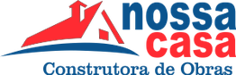 Logotipo da Nossa Casa Construtora de Obras, com ícone de casa em vermelho e texto em azul e vermelho.