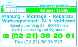 Visitenkarte für Heizung und Sanitär mit Telefonnummer und Fax in Köln, Deutschland.
