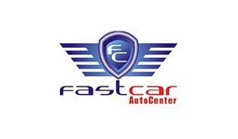Logotipo da FastCar AutoCenter com símbolo azul e texto estilizado.