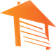 Orange stylized house with slanted roof and horizontal lines.