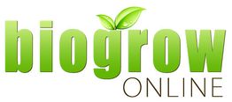 Texto del logo "biogrow online" con hojas verdes sobre la letra "i".