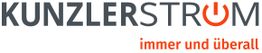 Kunzlerstrom-Logo mit rotem Power-Symbol im "O". Text: "immer und überall" in Rot darunter.