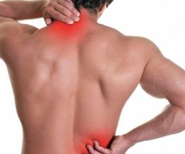 Man with back pain, highlighted in red, holding neck and lower back.