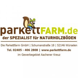 Logo und Kontaktdaten von parkettFARM.de mit Eichhörnchen-Maskottchen.