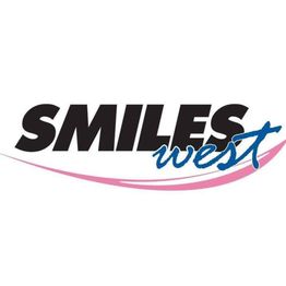 "Smiles West logo with black text and pink-blue accents on a white background."
