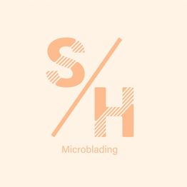 "S/H Microblading logo with orange text and stripes on a light beige background."