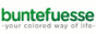 Grünes Logo mit Schriftzug "buntefuesse" und Slogan "your colored way of life".