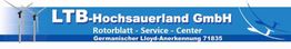 Banner mit Windkraftanlagen, Text "LTB-Hochsauerland GmbH", Rotorblatt-Service-Center.