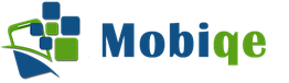 Logo with green and blue squares and stylized text "MobiQe."