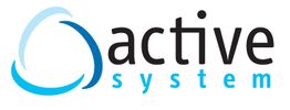 Logo mit stilisiertem Kreis und Text "active system" in Schwarz und Blau.