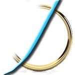 Un semicírculo dorado y una línea azul curva sobre fondo blanco.