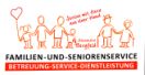 Familie mit Herz-Luftballon, Text "Familien- und Seniorenservice" und "Komm mit, halte den Moment".