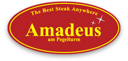 Rotes Logo mit gelbem Text "Amadeus am Pegelturm", "The Best Steak Anywhere", Sterne darüber.
