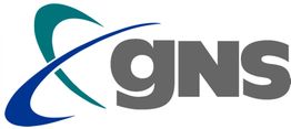 GNS-Logo mit grauen Buchstaben und blauen und grünen geschwungenen Linien.