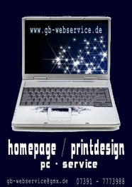 Laptop mit Sternenmuster auf dem Bildschirm und Kontaktinformationen unten.