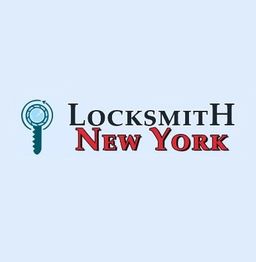 Logo featuring a key with the text "Locksmith New York" in black and red on a light blue background.