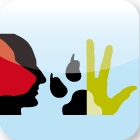 Silhouette eines Gesichts und einer Hand mit Grafikelementen auf weißem Hintergrund.