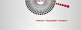 Grafik mit Kreismuster, rot und schwarz, Text: "WEB-TSC" und "Internet - Fotografie - Transport".