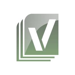 Logo mit grünem V auf drei übereinanderliegenden Blättern, die nach rechts gekippt sind.