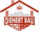Logo mit einem roten Haus, "Maurer-Betonbaumeister Dienert Bau", Ziegel- und Steinmuster.