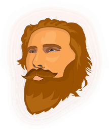 Illustration of a bearded man with a moustache against a red gradient background.