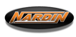 Logotipo oval preto com a palavra "Nardin" em laranja e branco.