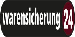 Schwarzes Oval mit weißem Text "warensicherung" und rotem Kreis "24" rechts.