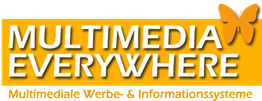 Gelbes Logo mit "MULTIMEDIA EVERYWHERE", Schmetterling oben rechts. Text darunter: Werbe- und Infosysteme.