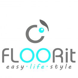 "FLOORit-Logo mit Slogan 'easy life style' in grau und blau."