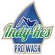 Logo with a blue water droplet, house outline, and text: "Indy-Res Pro Wash".