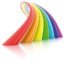 Bunte, gebogene Streifen in Regenbogenfarben auf weißem Hintergrund.