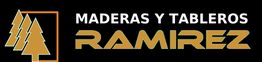 Logo de "Maderas y Tableros Ramírez" con tres árboles en un cuadro, fondo negro.