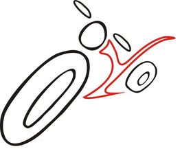 Strichzeichnung eines stilisierten Motorrads aus Ovale und Linien in Schwarz und Rot.