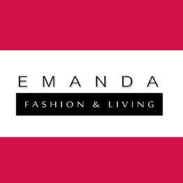 Weiße Schrift "EMANDA" auf rotem Hintergrund, darunter "FASHION & LIVING" im schwarzen Kasten.