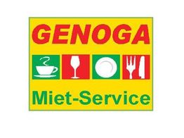 GENOGA Miet-Service Logo mit Tasse, Glas, Teller und Besteck auf gelbem Hintergrund.