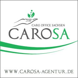 Logo der Carosa-Agentur, mit grünen Blättern und Handmotiv. Webseite: www.carosa-agentur.de