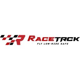 Logo mit Text: "RaceTrck", Slogan "Fly Low-Ride Safe", rot-schwarzes Design mit Rennflaggen-Muster.
