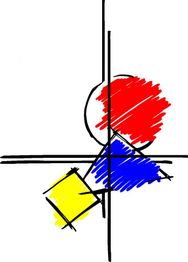 Abstrakte Zeichnung: Roter Kreis, blaues Dreieck, gelbes Quadrat und schwarze Linien.