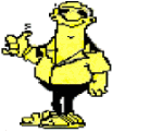Gelbe Comicfigur mit Sonnenbrille, hebt Daumen hoch.