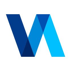 Blaues geometrisches Logo mit den Buchstaben "VA", ineinander verschlungen.