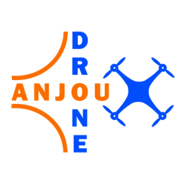 Logo "Anjou Drone" avec un dessin de drone en bleu et texte en orange et bleu.