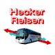 Hecker Reisen Bus mit roten und grünen Pfeilen; Reisebus und Unternehmenslogo sichtbar.