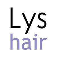 Logo met tekst "Lys hair" in zwart en lila op witte achtergrond.